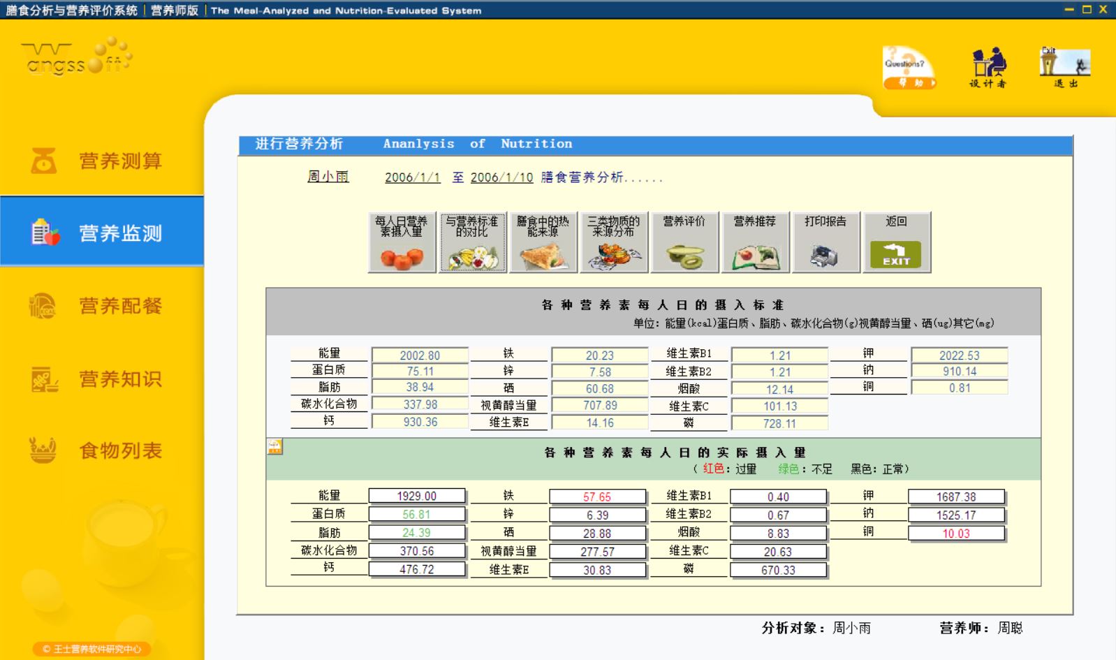 膳食分析与营养评价系统营养师版界面截图