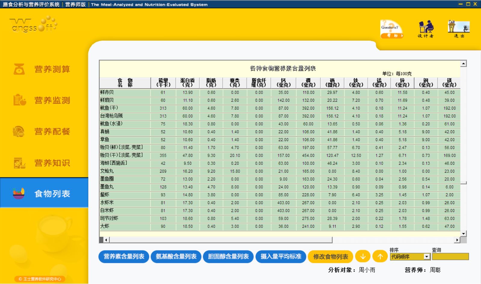 膳食分析与营养评价系统营养师版界面截图